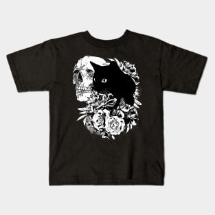 Skull and Black cat with peony, skeleton with flowers, black and white drawing Kids T-Shirt